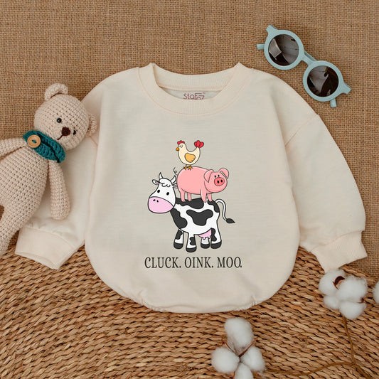 Cute Farm Animal Baby Romper | Cluck Oink Moo Barnyard Sounds Bubble Bodysuit | Western Baby Gift for Girl or Boy Announcement