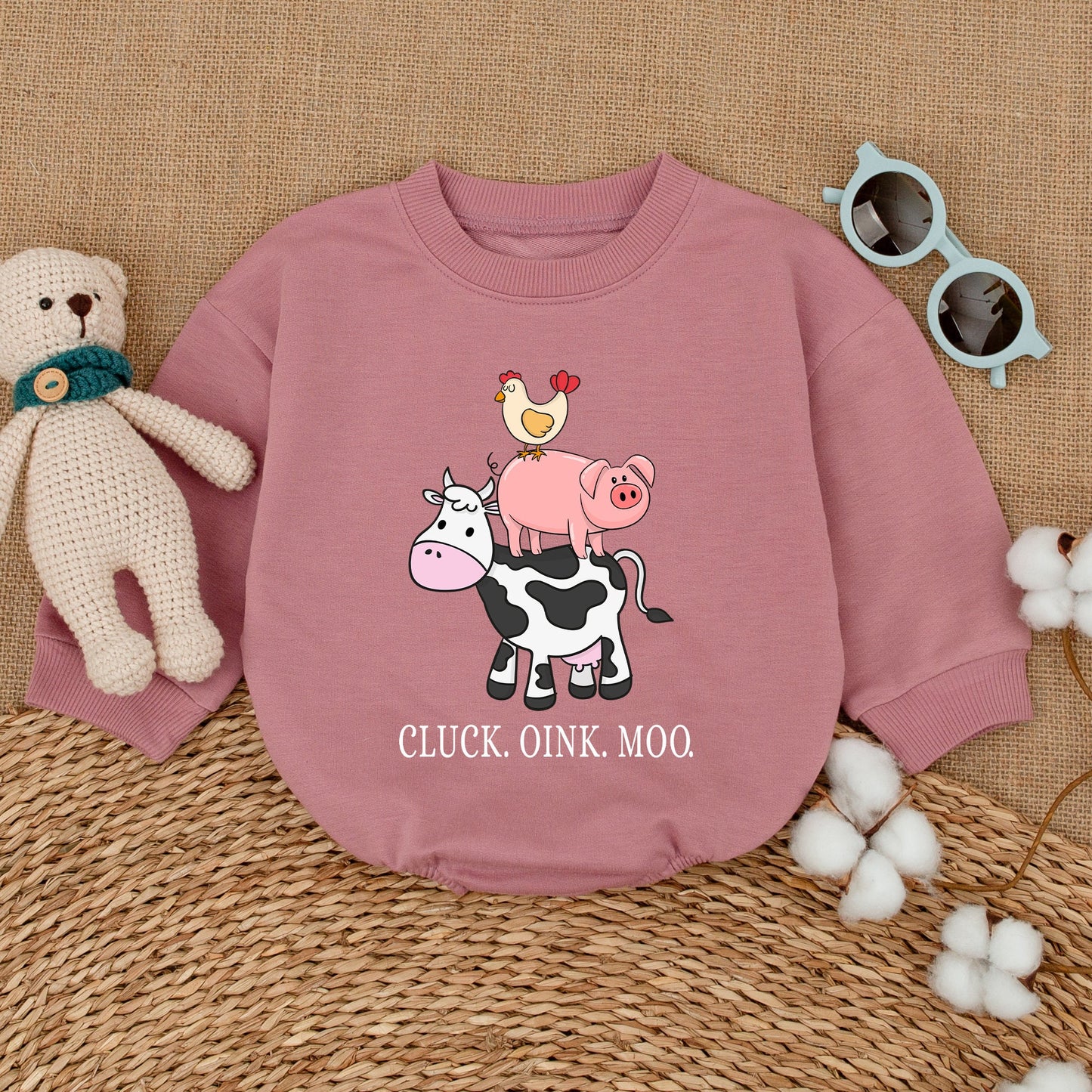 Cute Farm Animal Baby Romper | Cluck Oink Moo Barnyard Sounds Bubble Bodysuit | Western Baby Gift for Girl or Boy Announcement
