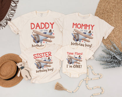 Vintage Airplane Birthday Shirt Flying Into One Flight Crew Matching Family Outfit Time Flies I'm One Mommy and Me