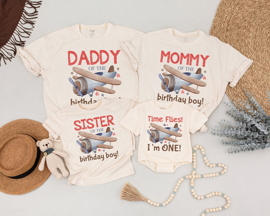 Vintage Airplane Birthday Shirt Flying Into One Flight Crew Matching Family Outfit Time Flies I'm One Mommy and Me