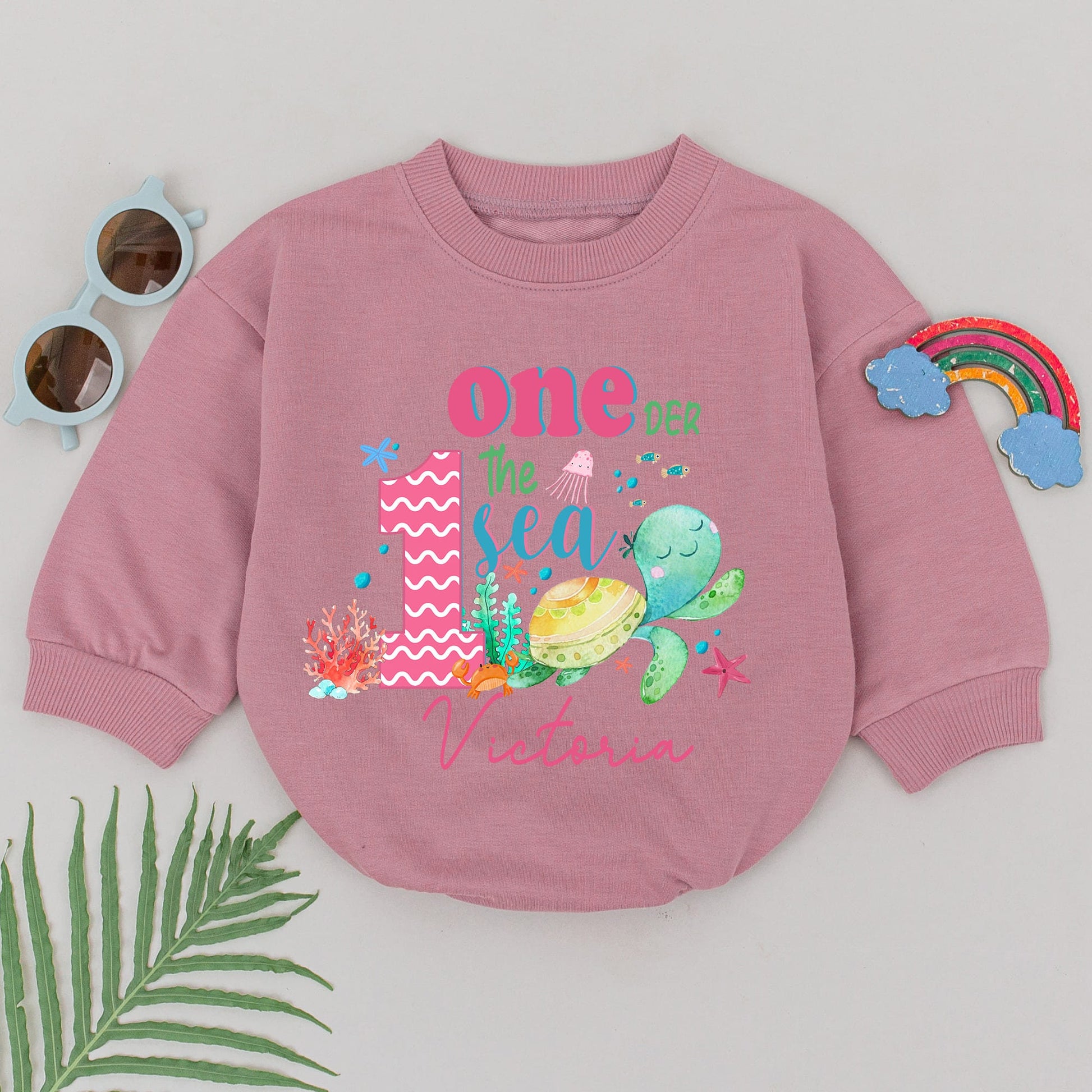 One-der the Sea Romper First Birthday Outfit Girl Under the Sea Theme Pink Teal Coral Jellyfish Turtle Starfish Toddler Gift