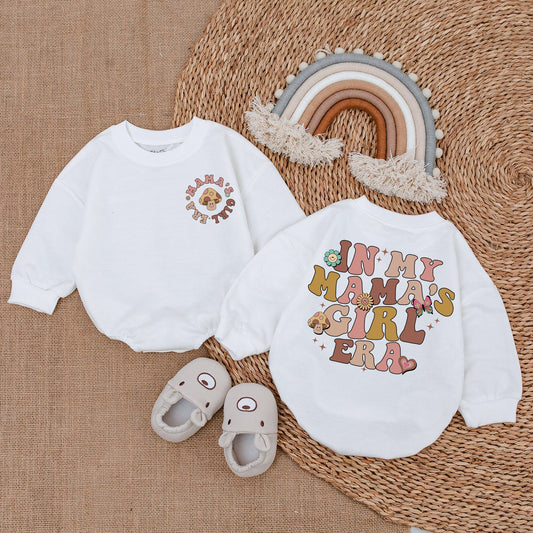Mama's Girl Era Retro Baby Girl Romper, Groovy 70s Pastel Mushroom Flower Butterfly Heart Design Bodysuit Outfit Comfortable Cotton Gift