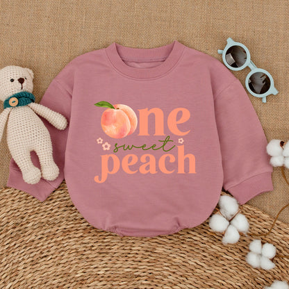 One Sweet Peach Baby Girl Romper First Birthday Outfit with Cute Watercolor Peach & Floral Design Soft Cotton Smash Cake Bodysuit