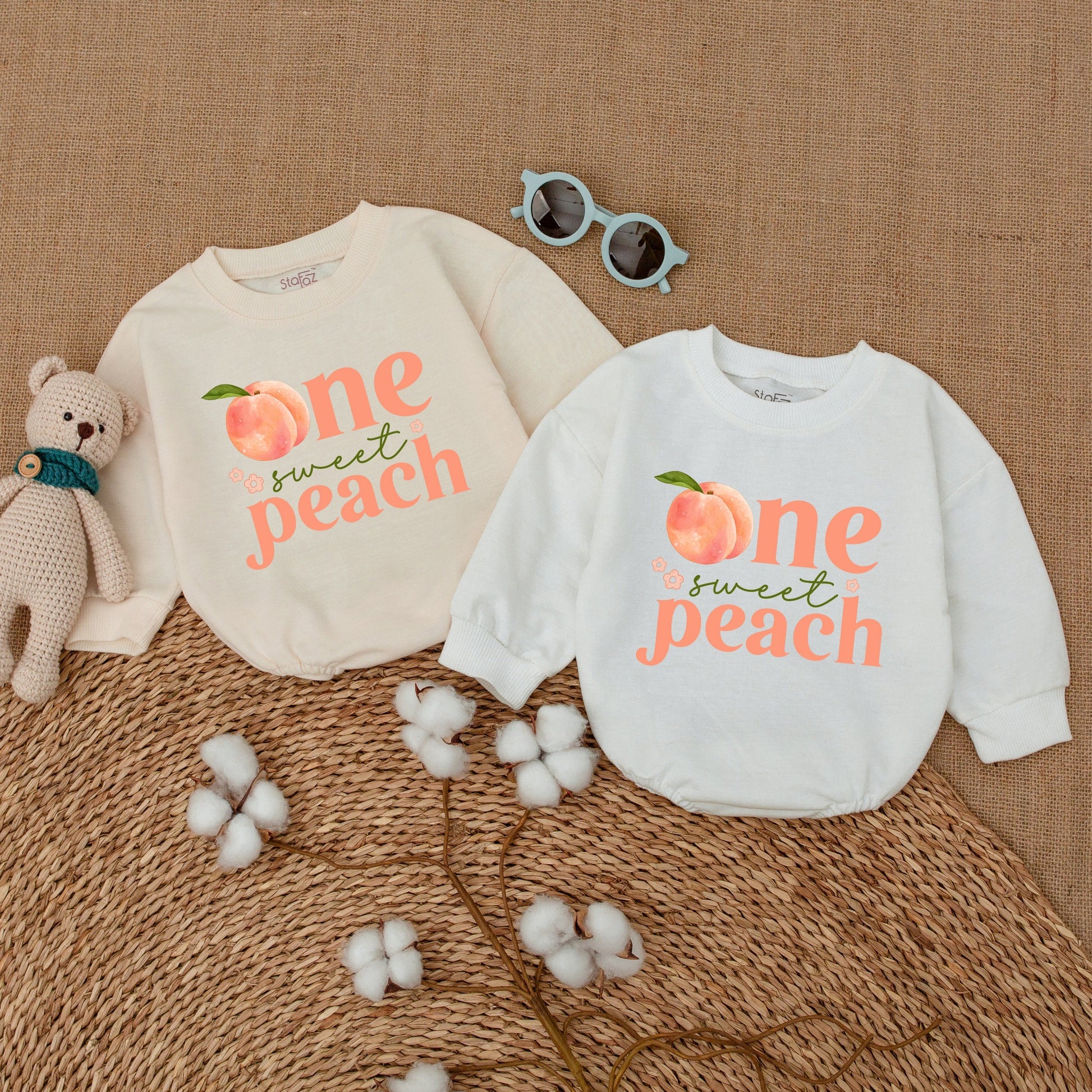 One Sweet Peach Baby Girl Romper First Birthday Outfit with Cute Watercolor Peach & Floral Design Soft Cotton Smash Cake Bodysuit
