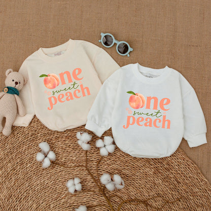 One Sweet Peach Baby Girl Romper First Birthday Outfit with Cute Watercolor Peach & Floral Design Soft Cotton Smash Cake Bodysuit