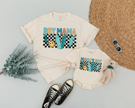 Personalized Retro Boy Mama and Son Matching Outfit Vintage 90s Checkered Skateboard Lightning Bolt Baby Shower Gift Soft Cotton Tee