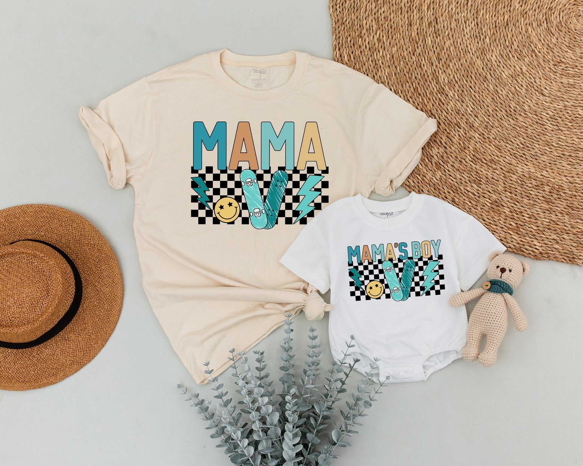 Personalized Retro Boy Mama and Son Matching Outfit Vintage 90s Checkered Skateboard Lightning Bolt Baby Shower Gift Soft Cotton Tee