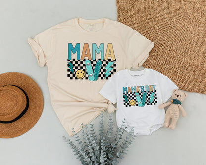 Personalized Retro Boy Mama and Son Matching Outfit Vintage 90s Checkered Skateboard Lightning Bolt Baby Shower Gift Soft Cotton Tee