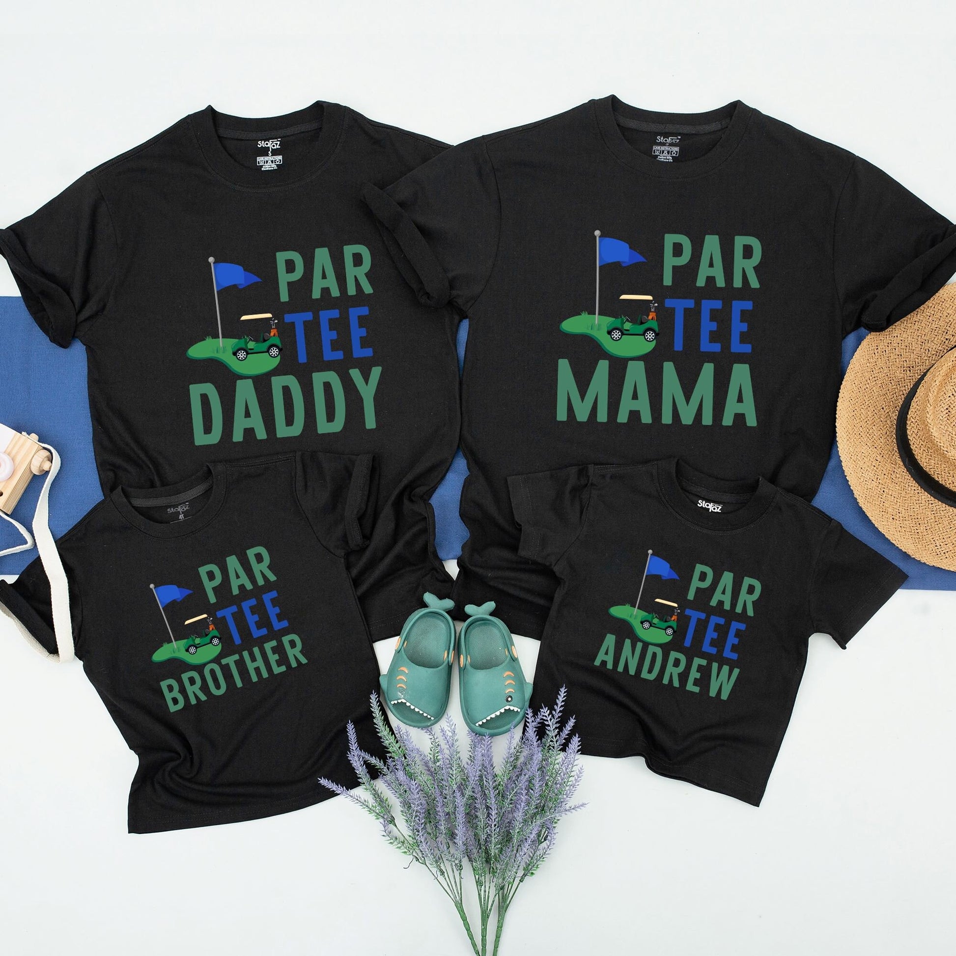 Playful Par Tee Golf Birthday Shirt for Boys First Birthday Party featuring Green Blue Yellow Golf Cart Design Soft Cotton Tee