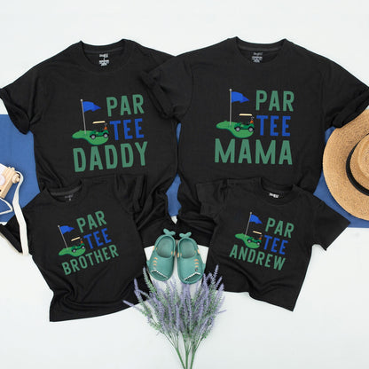 Playful Par Tee Golf Birthday Shirt for Boys First Birthday Party featuring Green Blue Yellow Golf Cart Design Soft Cotton Tee