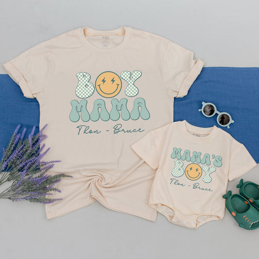 Personalized Retro Mama and Son Matching Shirts Boy Mama Checkered Smiley Face Design Light Blue Yellow New Mom Baby Shower Gift