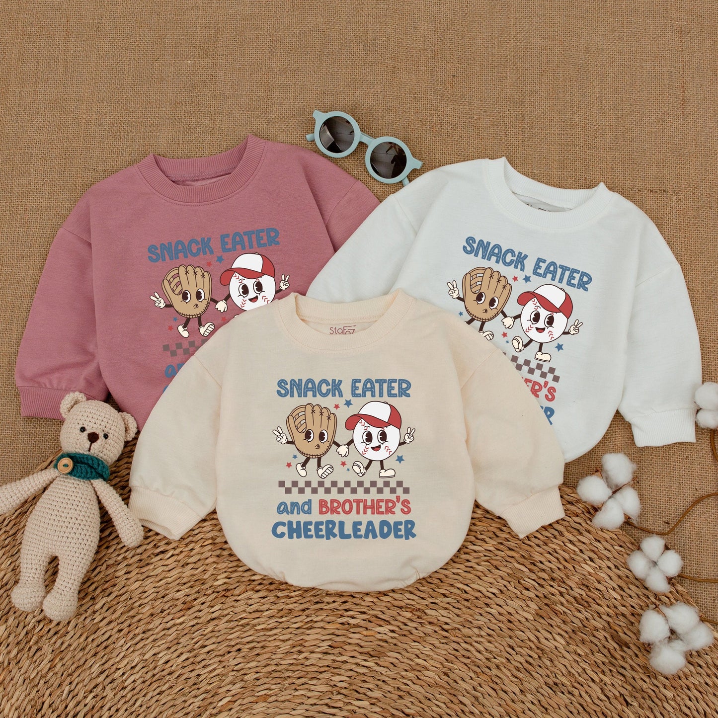Personalized Baseball Snack Eater Brother's Cheerleader Baby Romper & Jordan 1 Sibling Bodysuit in Playful Blue Red Tan Colors for Game Day Baby Gift