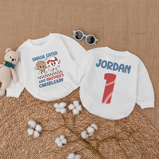 Personalized Baseball Snack Eater Brother's Cheerleader Baby Romper & Jordan 1 Sibling Bodysuit in Playful Blue Red Tan Colors for Game Day Baby Gift