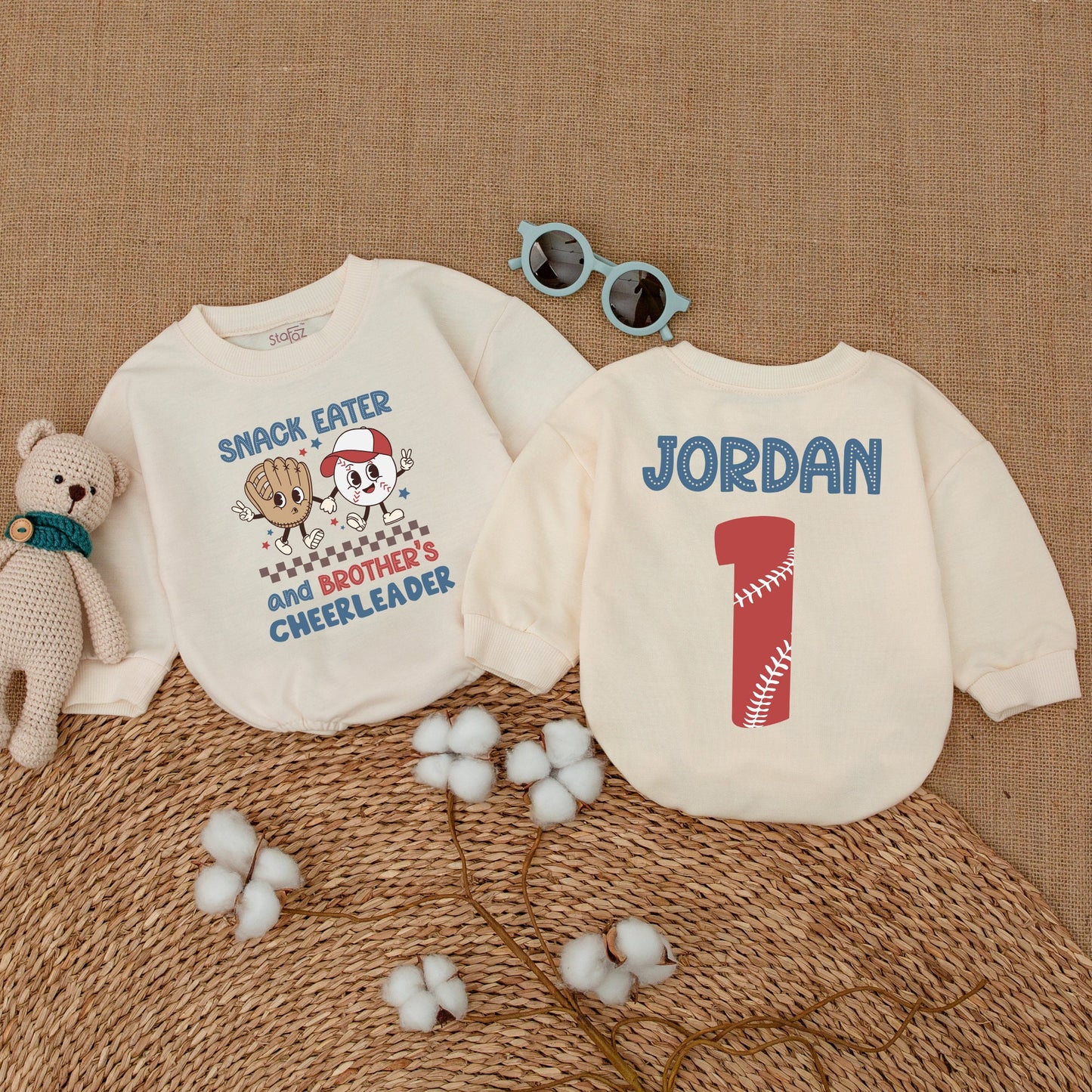 Personalized Baseball Snack Eater Brother's Cheerleader Baby Romper & Jordan 1 Sibling Bodysuit in Playful Blue Red Tan Colors for Game Day Baby Gift