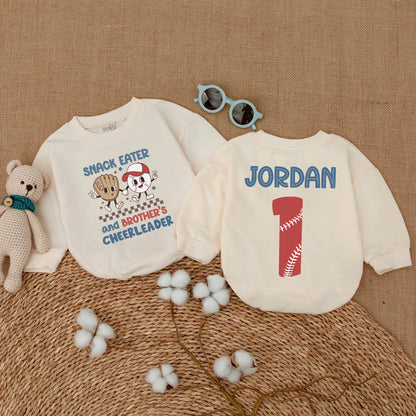 Personalized Baseball Snack Eater Brother's Cheerleader Baby Romper & Jordan 1 Sibling Bodysuit in Playful Blue Red Tan Colors for Game Day Baby Gift