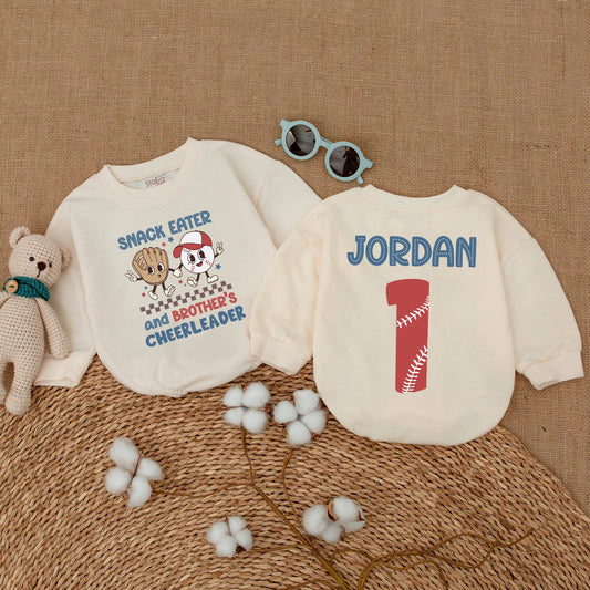 Personalized Baseball Snack Eater Brother's Cheerleader Baby Romper & Jordan 1 Sibling Bodysuit in Playful Blue Red Tan Colors for Game Day Baby Gift