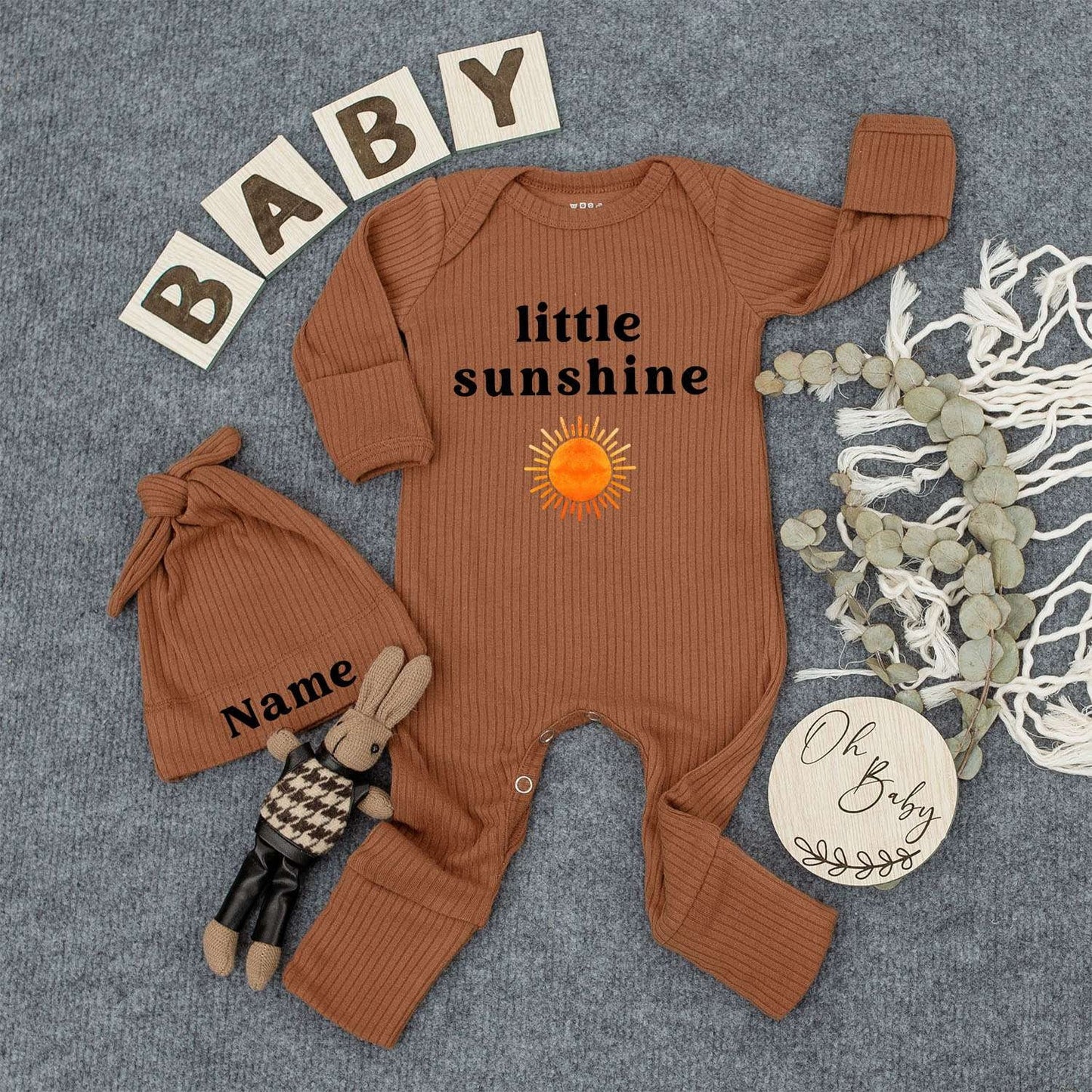 Personalized Little Sunshine Baby Bodysuit Hat Set Newborn Boy New Mom Gift Modern Minimalist Boho Infant Outfit with Orange Yellow Sun Design
