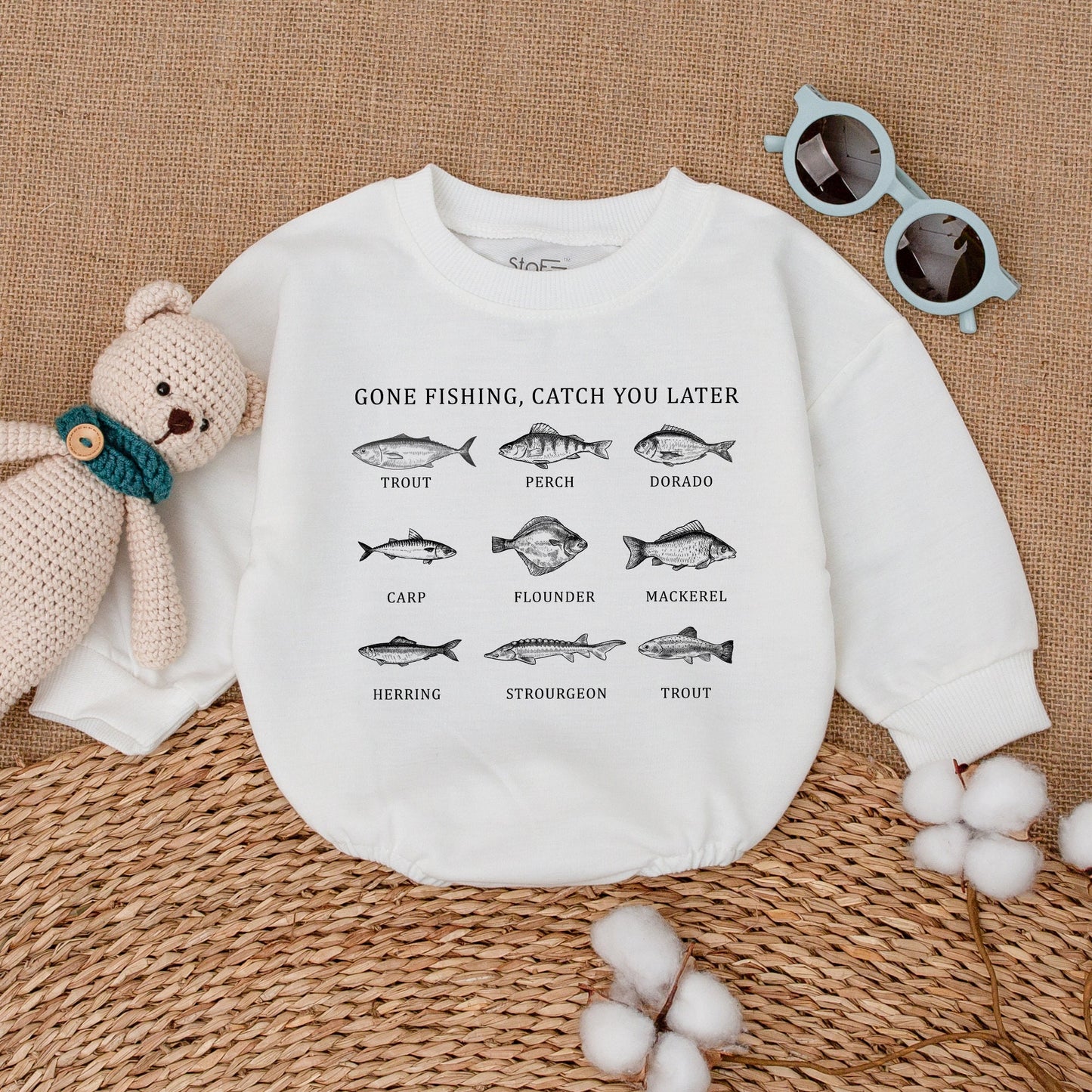 Gone Fishing Catch You Later Black & White Fish Print Baby Romper featuring vintage style fish illustrations adorable newborn bodysuit gift