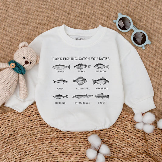 Gone Fishing Catch You Later Black & White Fish Print Baby Romper featuring vintage style fish illustrations adorable newborn bodysuit gift