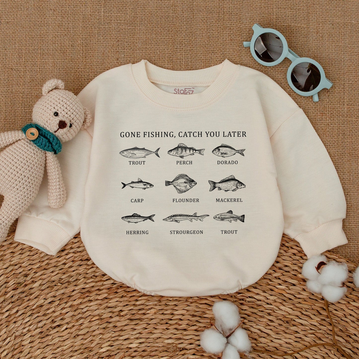 Gone Fishing Catch You Later Black & White Fish Print Baby Romper featuring vintage style fish illustrations adorable newborn bodysuit gift