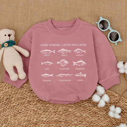Gone Fishing Catch You Later Black & White Fish Print Baby Romper featuring vintage style fish illustrations adorable newborn bodysuit gift