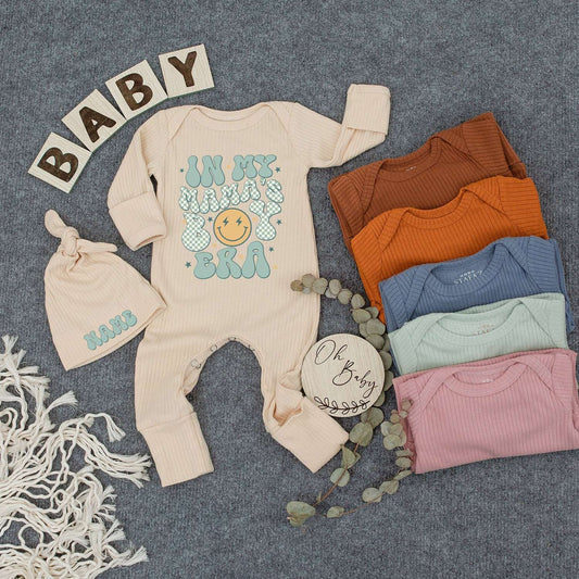 Personalized In My Mama's Boy Era Baby Bodysuit Hat Set Cute Retro Smiley Face Newborn Outfit Light Blue Checkerboard Pattern Soft Cotton