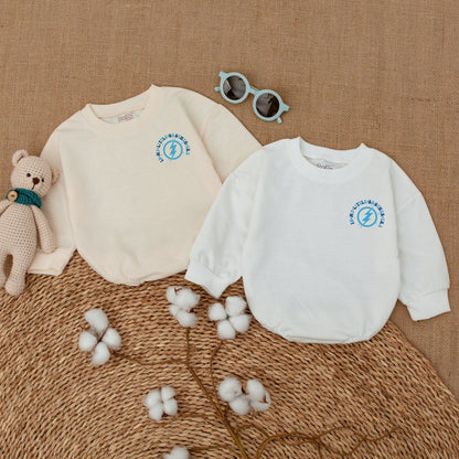 In My Little Brother Era Romper Baby Boy Retro Wavy Blue Text Star Bodysuit Newborn Bubble Outfit Lil Brother Shower Gift
