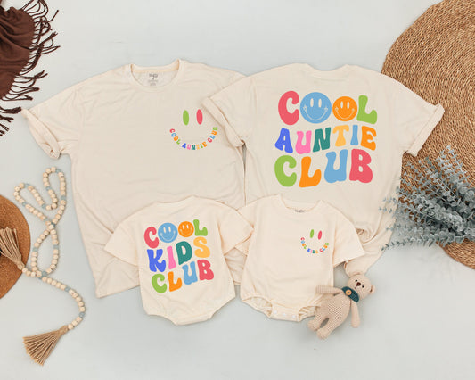 Personalized Cool Auntie Club Matching Shirt with Baby Outfit retro colorful smiley face design two-sided comfy cotton gift for auntie