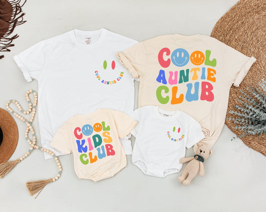 Personalized Cool Auntie Club Matching Shirt with Baby Outfit retro colorful smiley face design two-sided comfy cotton gift for auntie
