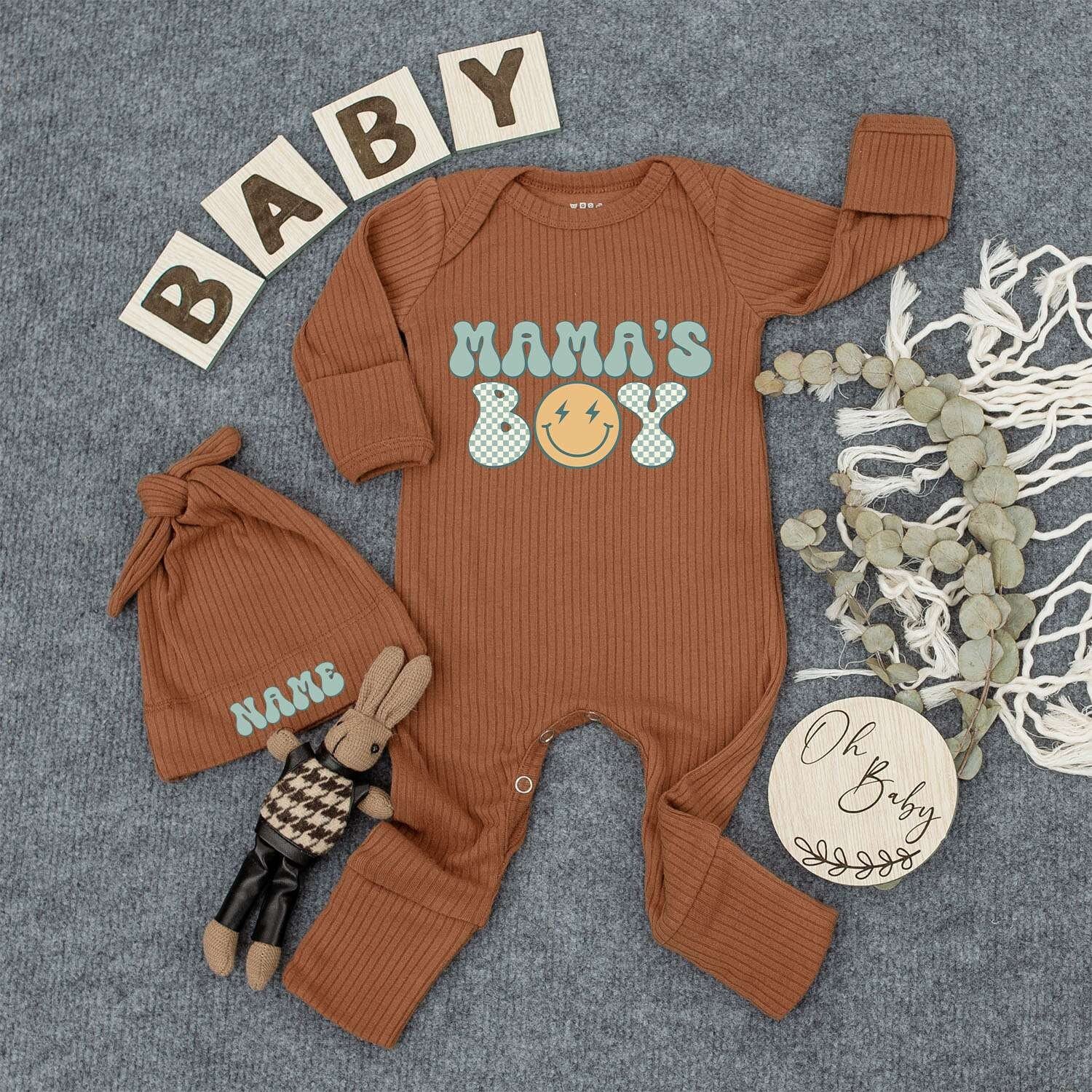 Personalized Mama's Boy Retro Baby Bodysuit Hat Set Blue Green Checkerboard Smiley Face Lightning Eyes Newborn Outfit