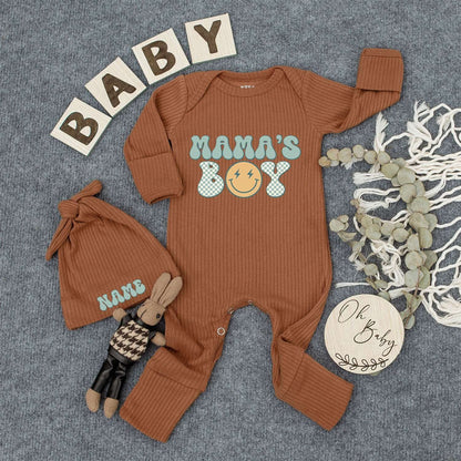 Personalized Mama's Boy Retro Baby Bodysuit Hat Set Blue Green Checkerboard Smiley Face Lightning Eyes Newborn Outfit