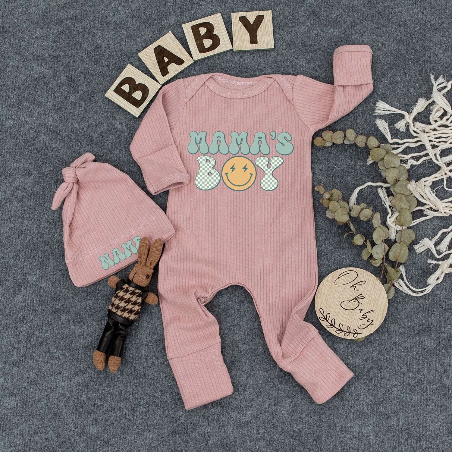 Personalized Mama's Boy Retro Baby Bodysuit Hat Set Blue Green Checkerboard Smiley Face Lightning Eyes Newborn Outfit