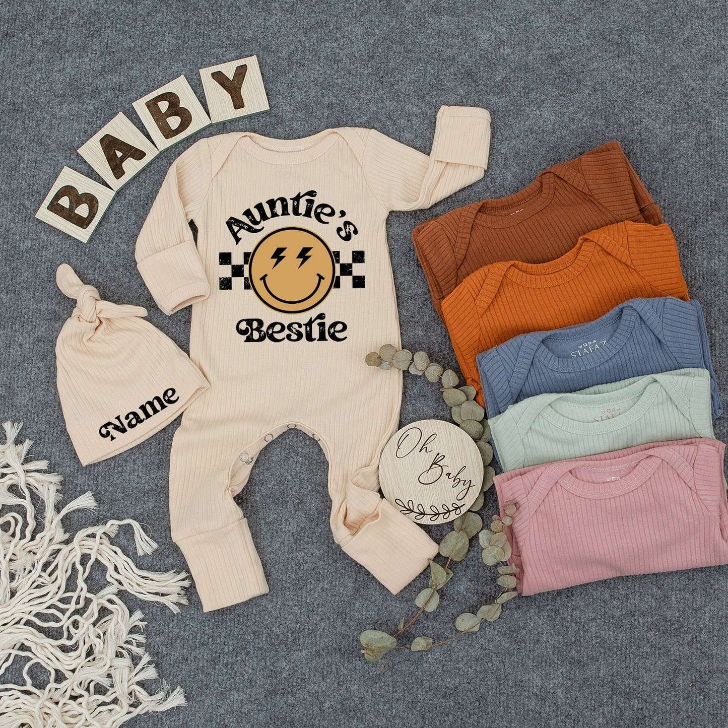 Personalized Auntie's Bestie Baby Romper and Hat Set featuring Smiley Face Lightning Bolts Checkered Pattern Newborn Outfit Gift for Boy Girl