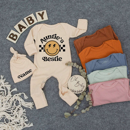 Personalized Auntie's Bestie Baby Romper and Hat Set featuring Smiley Face Lightning Bolts Checkered Pattern Newborn Outfit Gift for Boy Girl