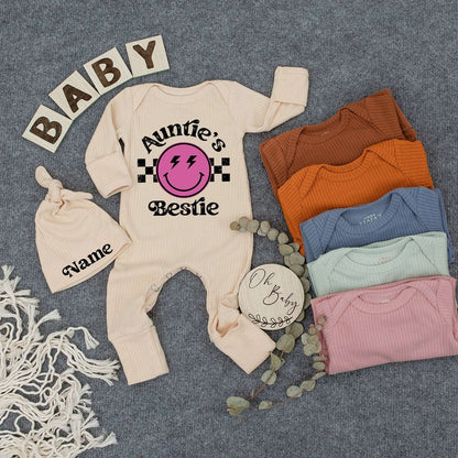Auntie's Bestie Custom Newborn Girl Bodysuit & Hat Set with Pink Smiley Face Lightning Eyes Checkered Retro Cute Playful Baby Shower Gift Outfit