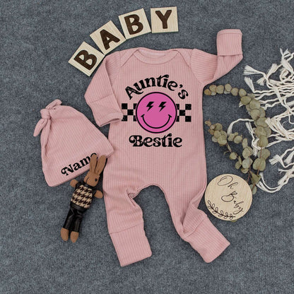 Auntie's Bestie Custom Newborn Girl Bodysuit & Hat Set with Pink Smiley Face Lightning Eyes Checkered Retro Cute Playful Baby Shower Gift Outfit