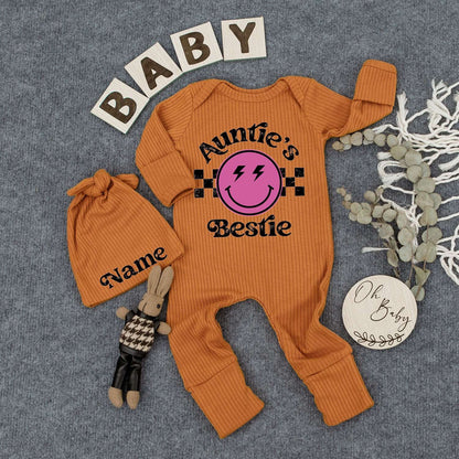 Auntie's Bestie Custom Newborn Girl Bodysuit & Hat Set with Pink Smiley Face Lightning Eyes Checkered Retro Cute Playful Baby Shower Gift Outfit