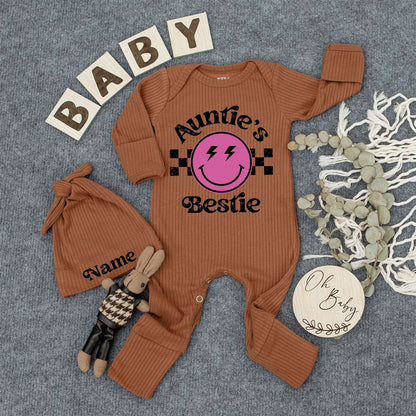 Auntie's Bestie Custom Newborn Girl Bodysuit & Hat Set with Pink Smiley Face Lightning Eyes Checkered Retro Cute Playful Baby Shower Gift Outfit