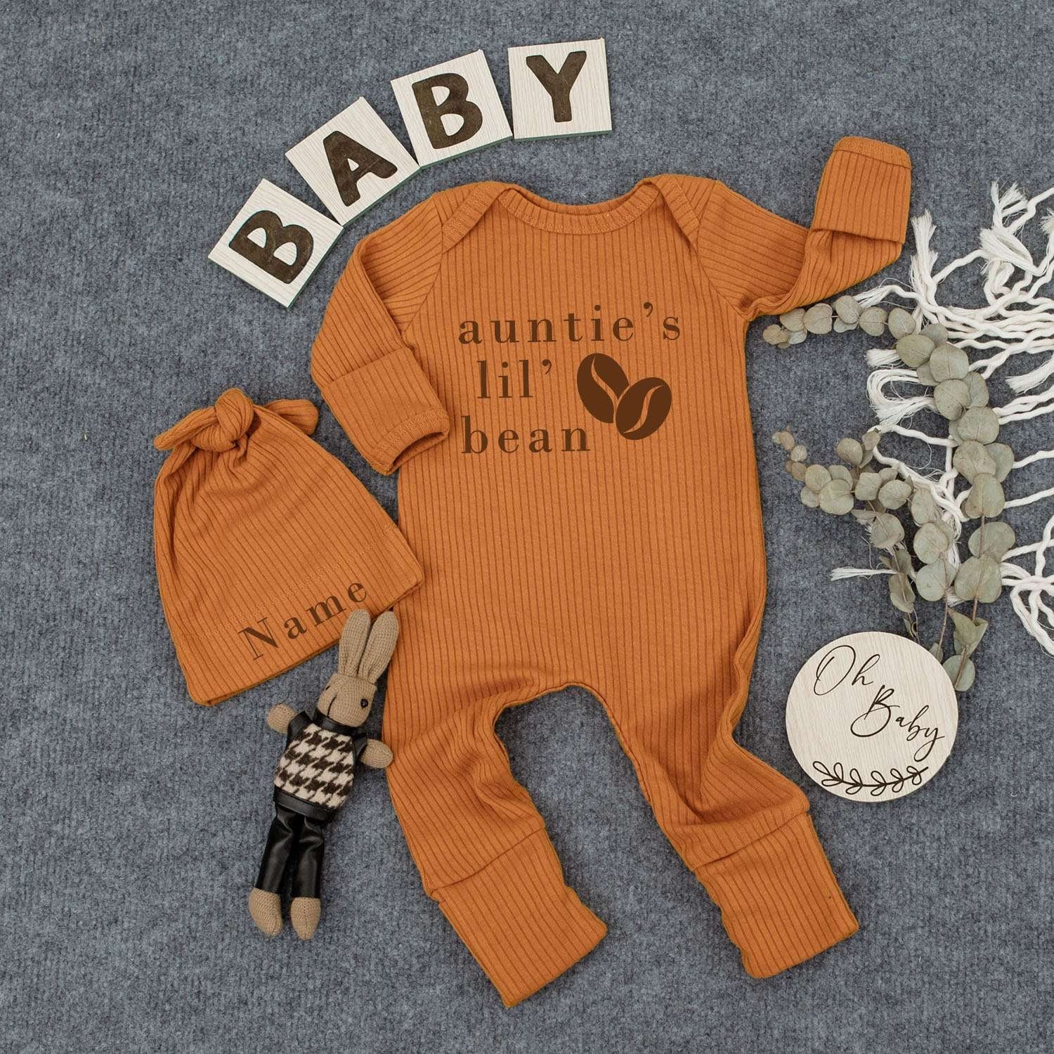 Personalized Auntie's Lil Bean Newborn Baby Bodysuit and Hat Set for Girl or Boy, Cute Brown Coffee Bean Design Sleepsuit Outfit Romper