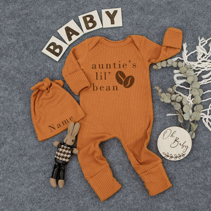 Personalized Auntie's Lil Bean Newborn Baby Bodysuit and Hat Set for Girl or Boy, Cute Brown Coffee Bean Design Sleepsuit Outfit Romper