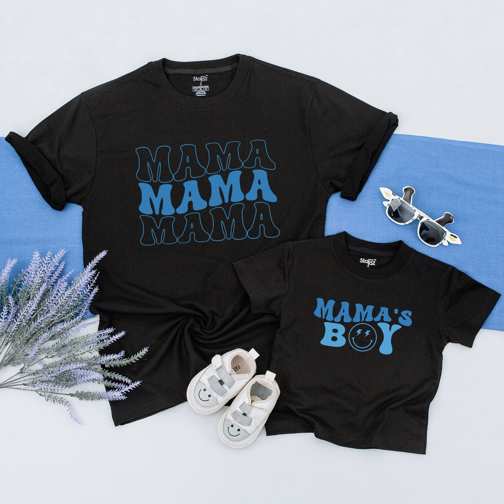 Matching Mama and Son Retro Blue Bubbly Shirt Set with Smiley Face Lightning Bolt Design Toddler Boy Neutral Baby Shower Gift