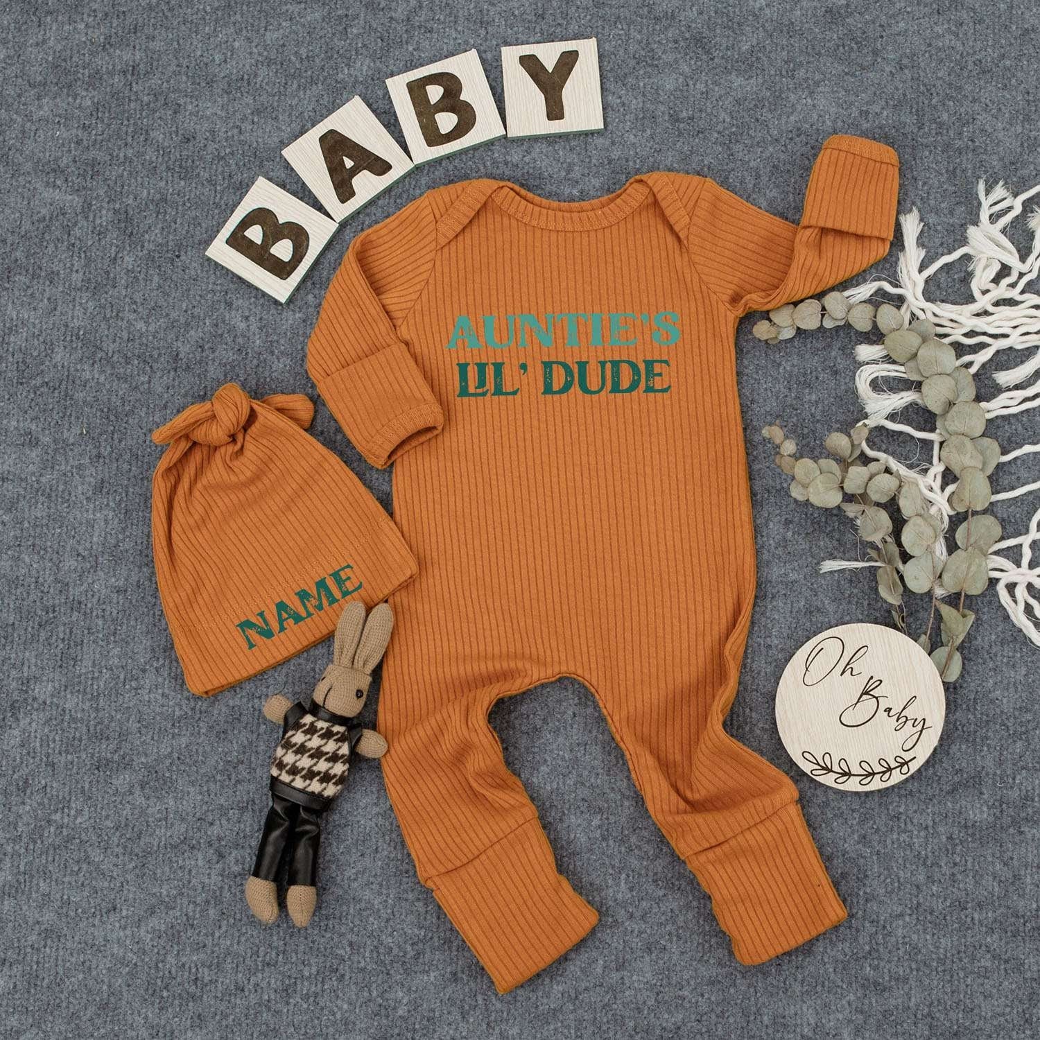 Personalized Auntie's Lil' Dude Baby Bodysuit Hat Set with Custom Name Cap Blue-Green Modern Font Gender Neutral Newborn Infant Outfit for Baby Shower Gift Going Home