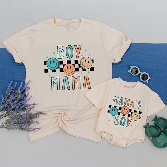 Mommy Son Matching Happy Face Shirt Onesie Set Retro Boy Mama Mamas Boy Cheerful Checkered Emoji Starburst New Mom Gift Mother's Day Baby