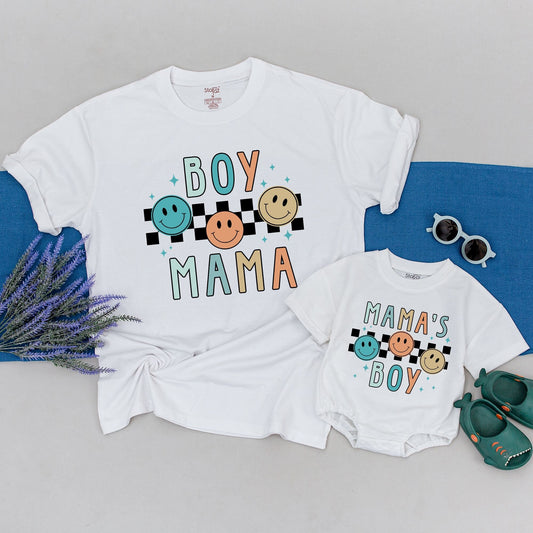 Mommy Son Matching Happy Face Shirt Onesie Set Retro Boy Mama Mamas Boy Cheerful Checkered Emoji Starburst New Mom Gift Mother's Day Baby