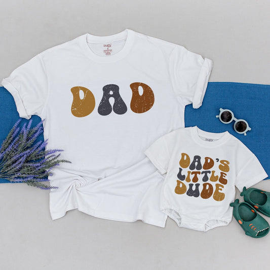 Retro Dad and Son Matching Shirts Dad's Little Dude Father's Day Gift for New Dads Vintage Tan Gray Brown Design Comfy Baby Bodysuit