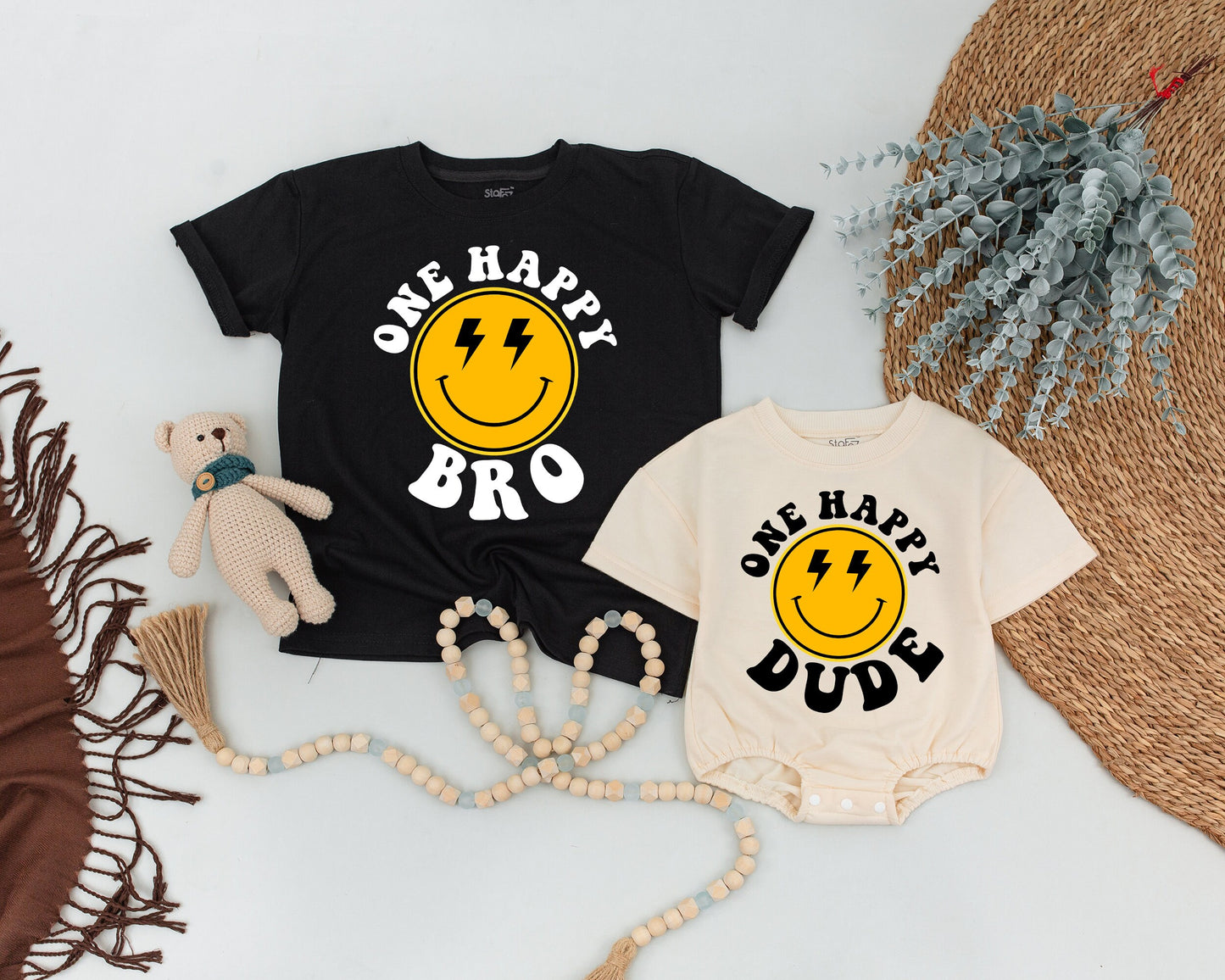 One Happy Dude Birthday Shirt Matching Family Outfits Yellow Smiley Face Lightning Eyes First Birthday Boy Dad Mama Sis Fun Retro Style