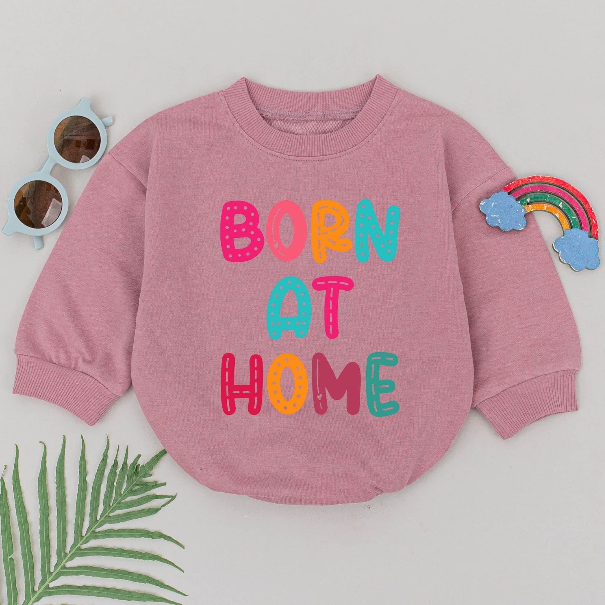 Born at Home Romper for Newborn Homebirth Water Birth Announcement Rainbow Colorful Dots Lines Fun Whimsical Natural Birth Baby Girl Boy Gift