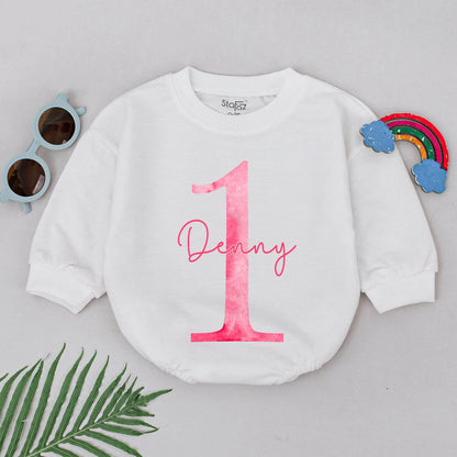 Personalized Pink Watercolor First Birthday Romper Girl Baby Outfit Custom Name 1st Celebration Bodysuit Soft Bubble Gift