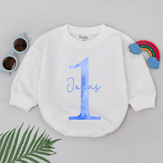 Personalized First Birthday Boy Romper Light Blue Watercolor One Design Custom Name Playful Modern Infant Bubble Bodysuit Outfit Gift