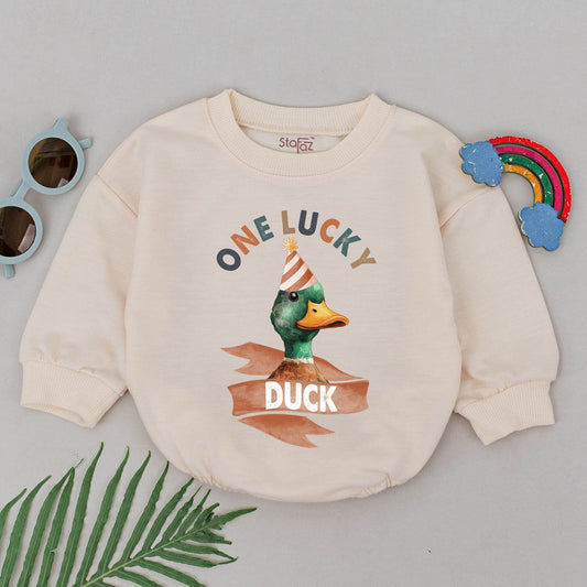 One Lucky Duck First Birthday Romper Wild One Baby Boy Outfit Jungle Zoo Animal Theme Celebration Bodysuit with Party Hat Design